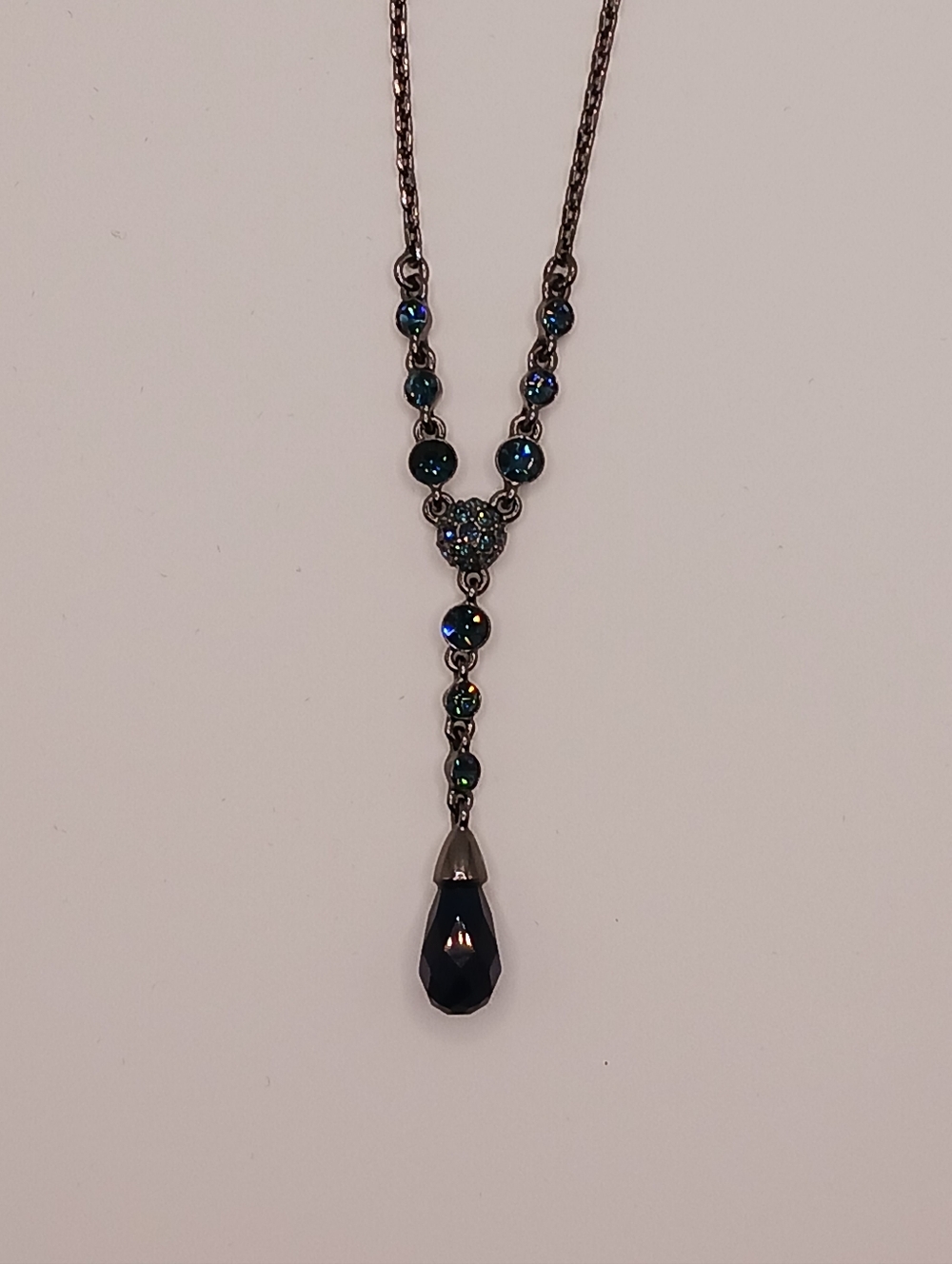 Givency Black Teardrop Gunmetal Necklace with Dark Blue Crystal